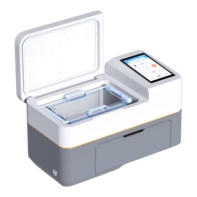 Open ScreenFilm 5.0 cutting system by Axiom Armor showing the tray and touchscreen interface with lid raised for automatic installation.